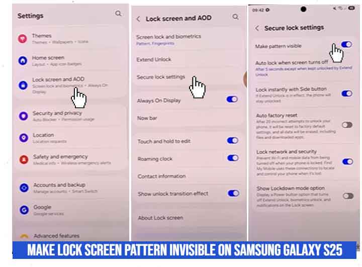 make lock screen pattern invisible on samsung galaxy s25