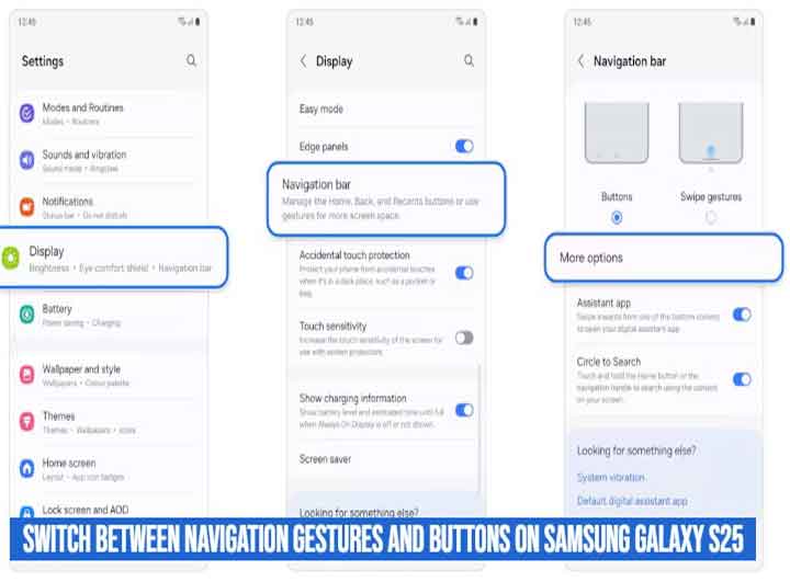 switch between navigation gestures and buttons on samsung galaxy s25
